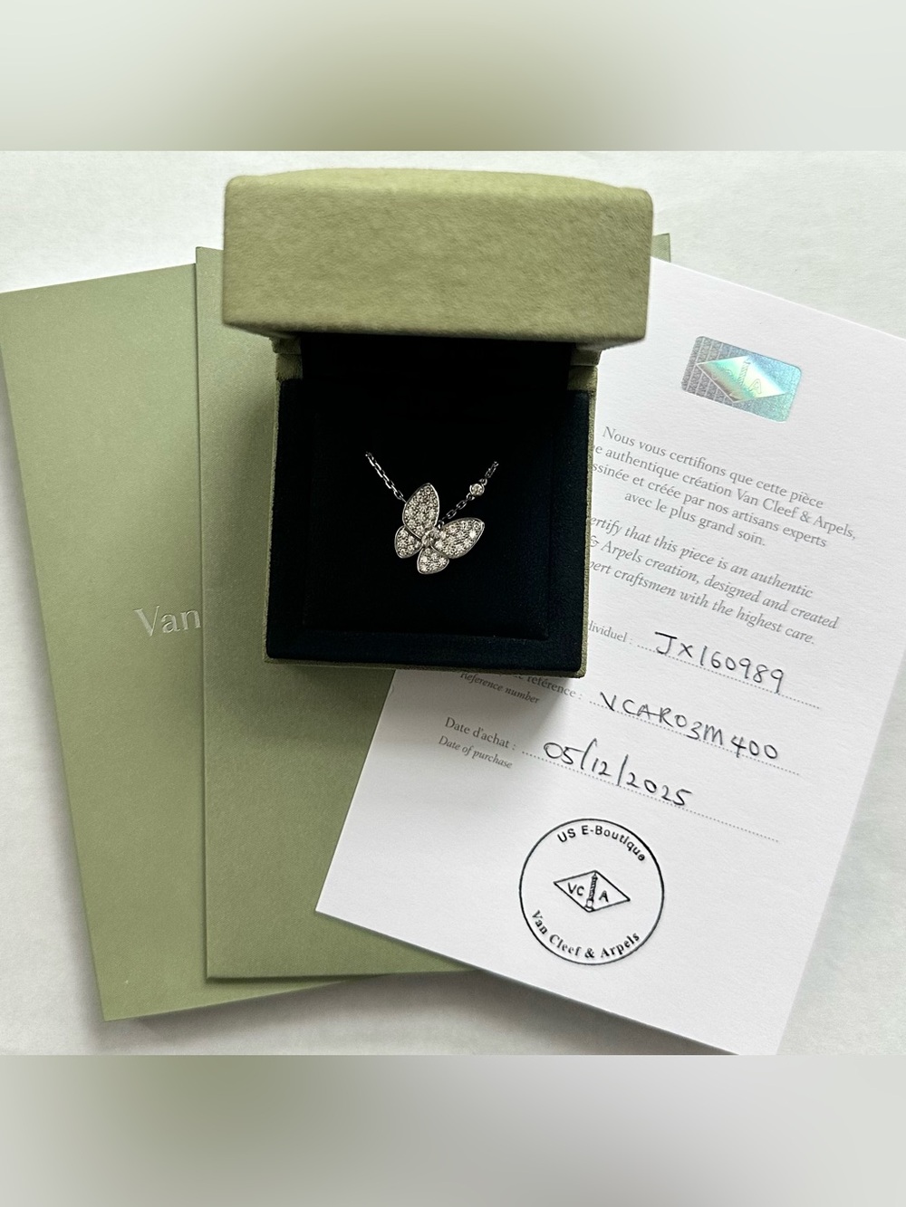 Van Cleef & Arpels Two Butterfly Pendant Necklace 18K White Gold Paved Diamond